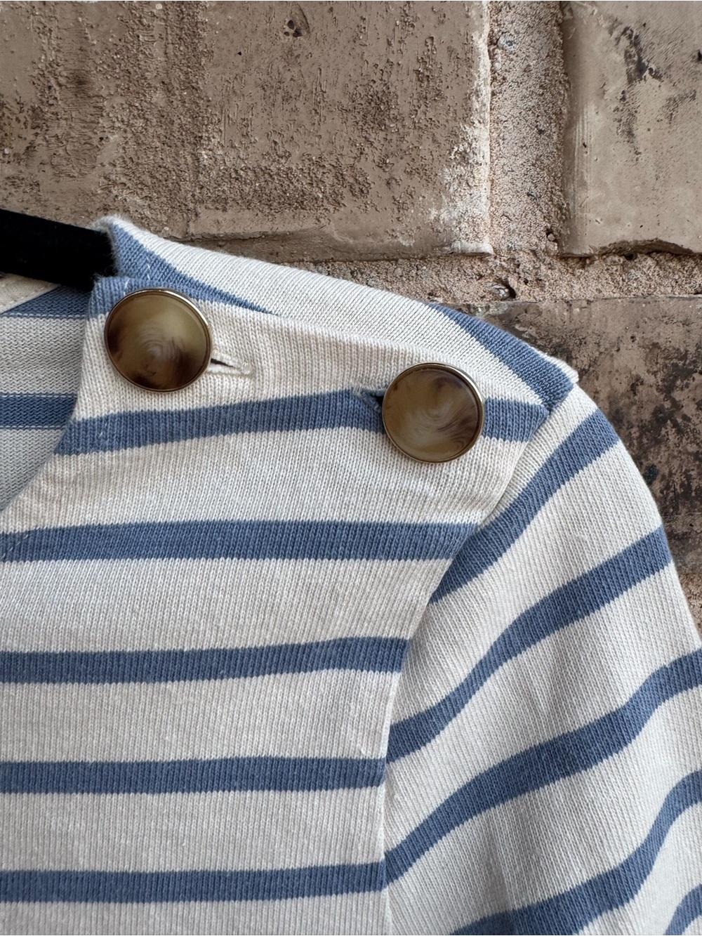 Sezane Colette mariniere blue Ecru Striped Button-Shoulder Top Sz Small - Picture 5 of 10